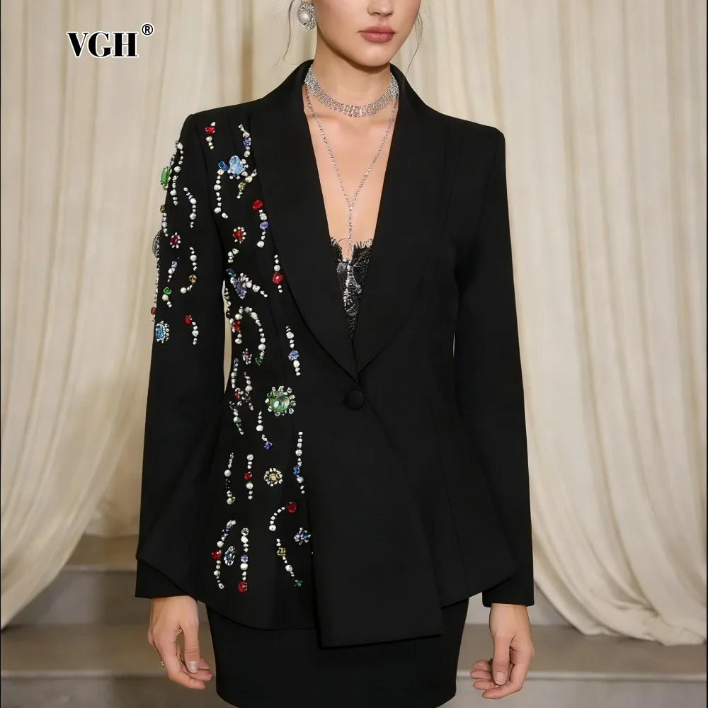

VGH формальный элегантный блейзер на одной пуговице для женщин с зубчатым воротником и длинными рукавами в стиле пэчворк с бриллиантами шикарное вечернее пальто женское