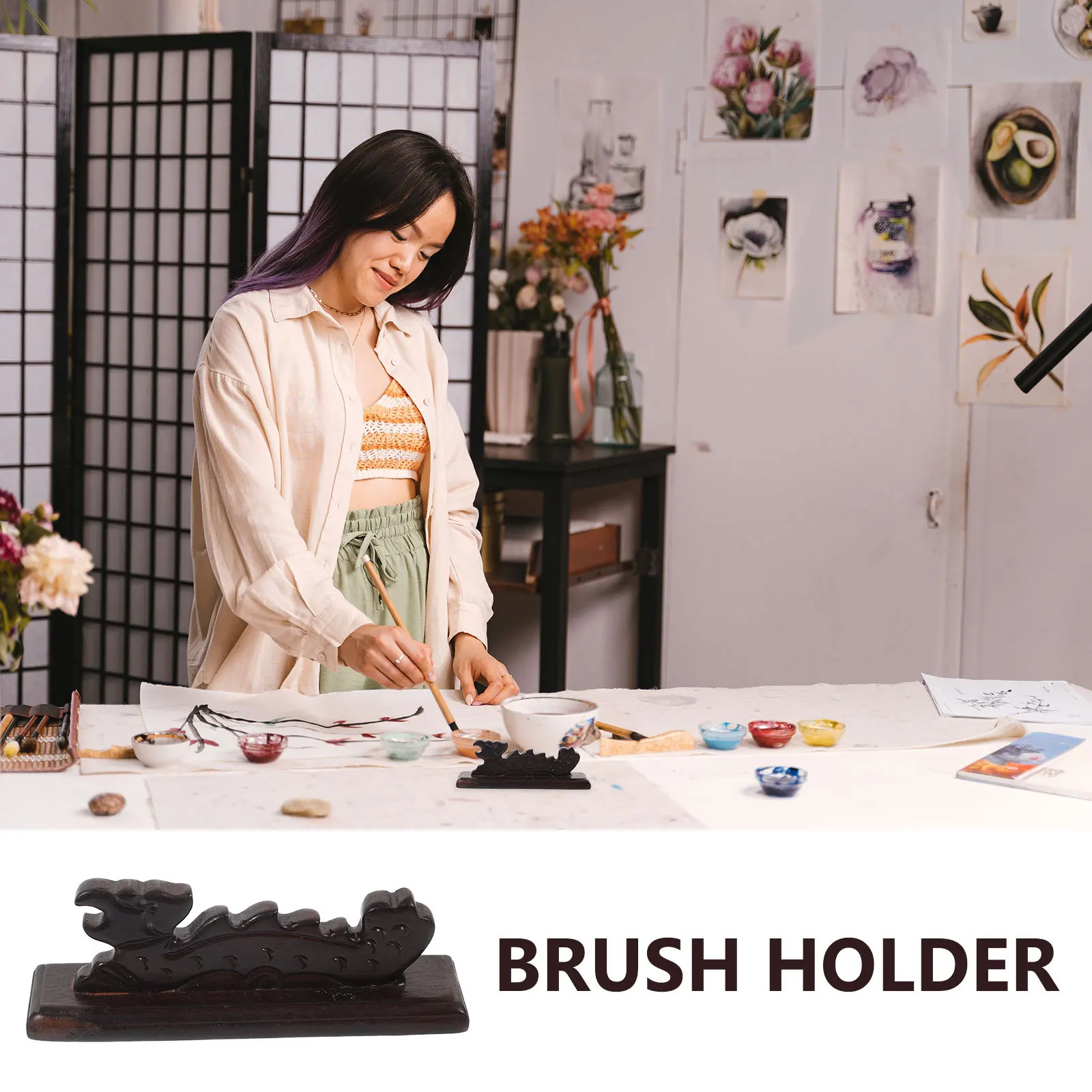 

Black Ebony Brush Holder Wood Pen Stand For Calligraphy Ink Pens Painting Brushes Study Room Decor Rack Chinese Brush Rest