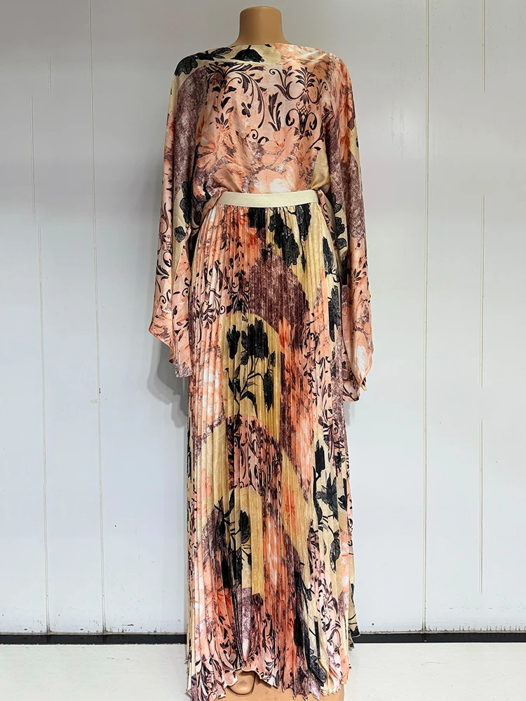 

Retro geometric print flared sleeve pullover two-piece set 2025 Autumn women's wear + elastic waist pleated skirt fashion set