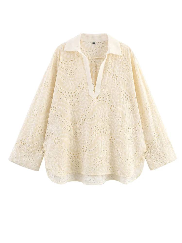 

Women Long Sleeve Loose Shirts Embroidery Hollow Out Tops Beige Blouses
