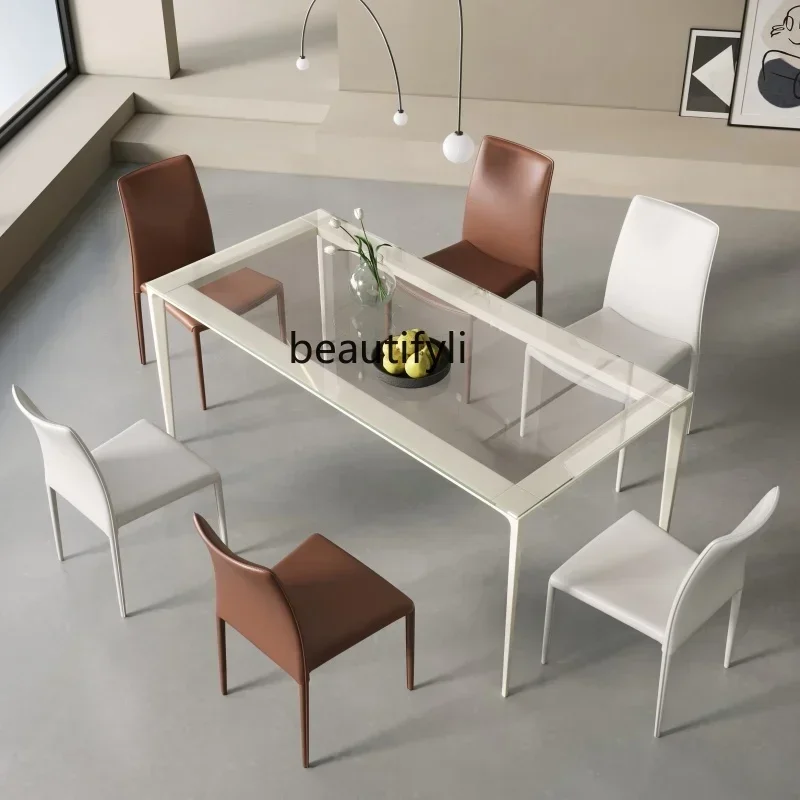 

FF cqyWhite dining table Small apartment dining table Rectangle against the wall Tempered glass dining table and chairs