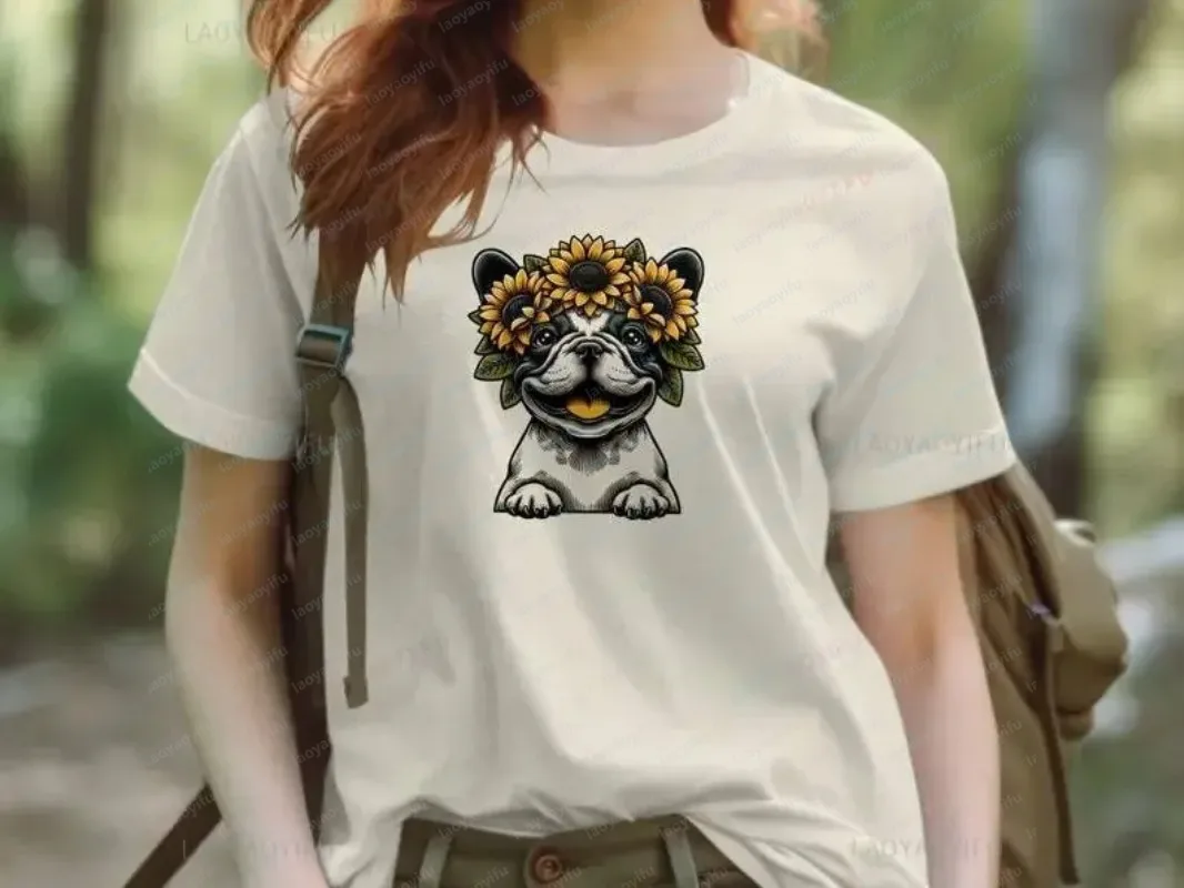 

Kawaii French Bulldog Sunflower Crown Graphic T-Shirt Cute Dog Lover Flower Crown Frenchie Women Unique Pet Art Fashion Shirt
