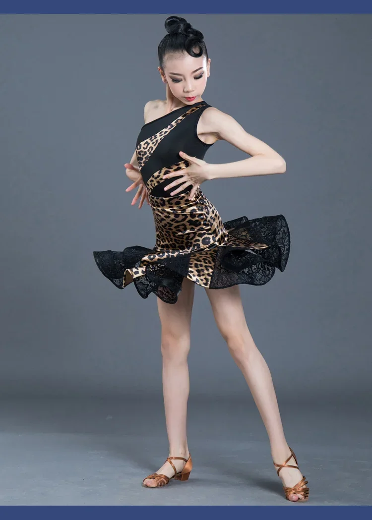 girl show performance chacha dancing dresss children sexy one shoulder leopard latin dance dresses girls dress