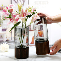 Cylindrical Hydroponic Glass Vase with Wooden Base Flower Plant Transparent Arrangement Container Home Decoration