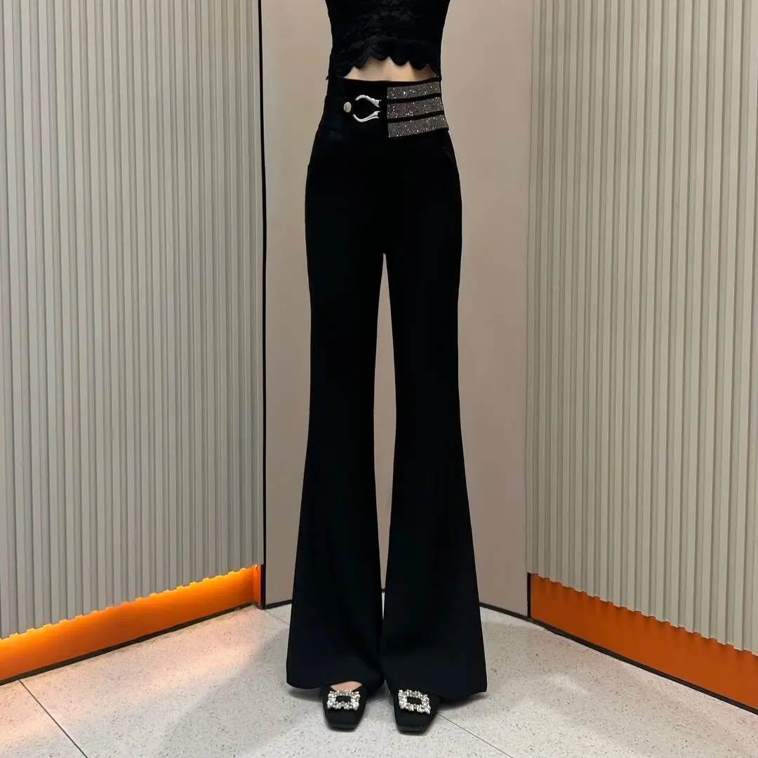 Western Style Solid Fashion High Waist Flare Pants Women Autumn Winter Fleece Slim Elastic Force All-match Casual Full Trousers