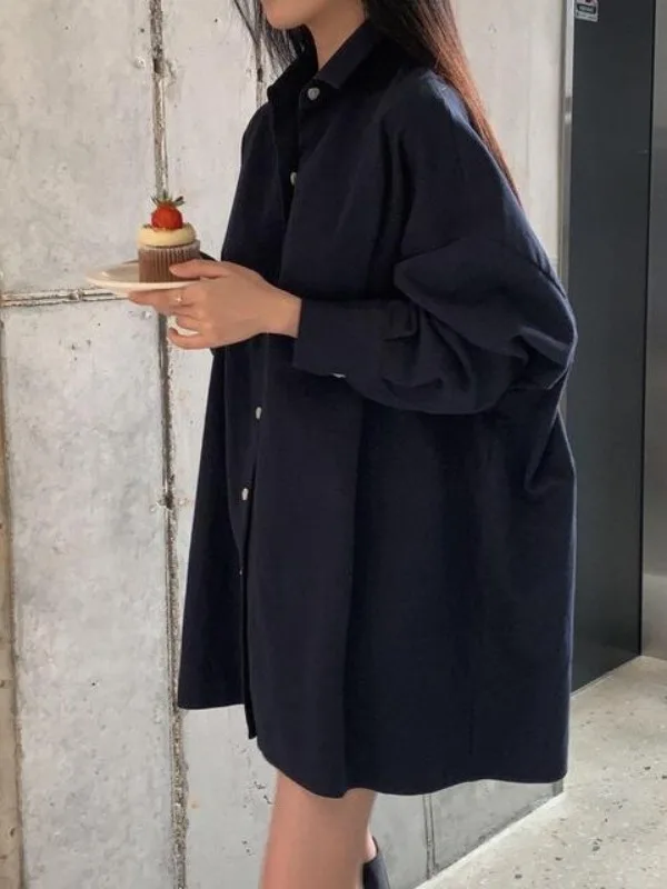 Chic Long Sleeve Shirt Style Dress Women Loose Casual Turn-down Collar Short Skirt Button up Pure Color Autumn New Arrival
