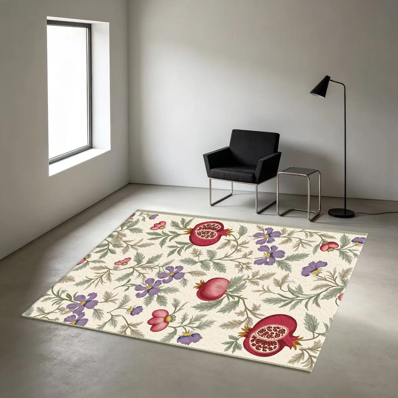 Vintage Pomegranate Fruit Purple Floral Plant Pattern Carpet Non-Slip Printed Rug Suitable for Living Room Bedroom Home Floor Decoration