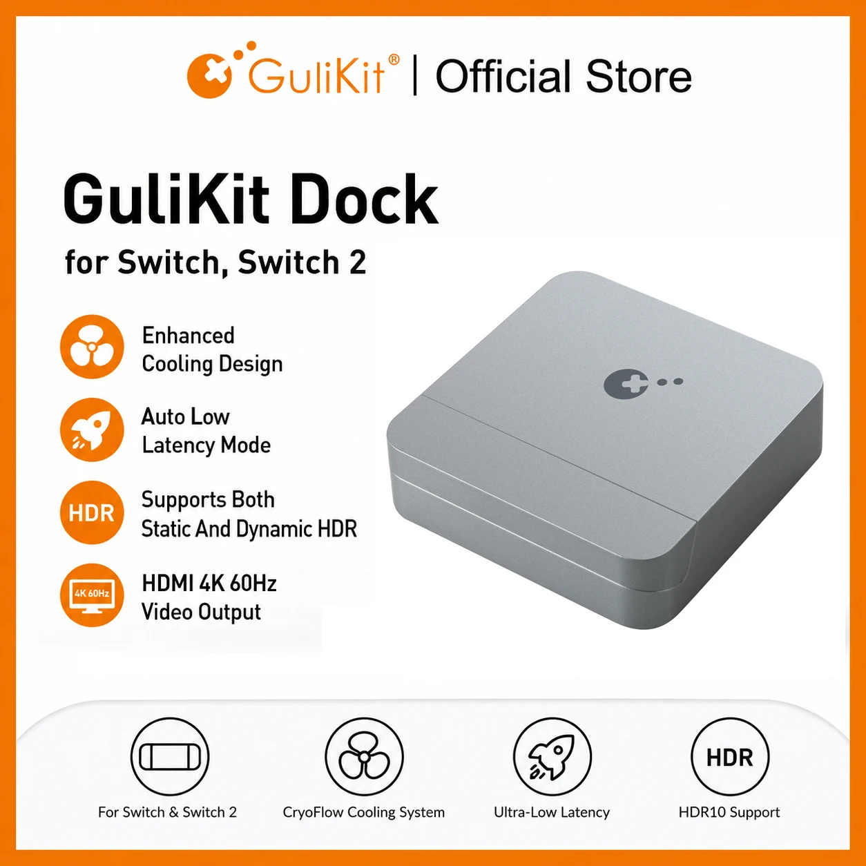 Gulikit Dock für Switch 1/2, 4K 60Hz HDMI-Dockingstation mit PD 100W Schnellladung, Verbesserte Kühlung für Nintendo Switch 2