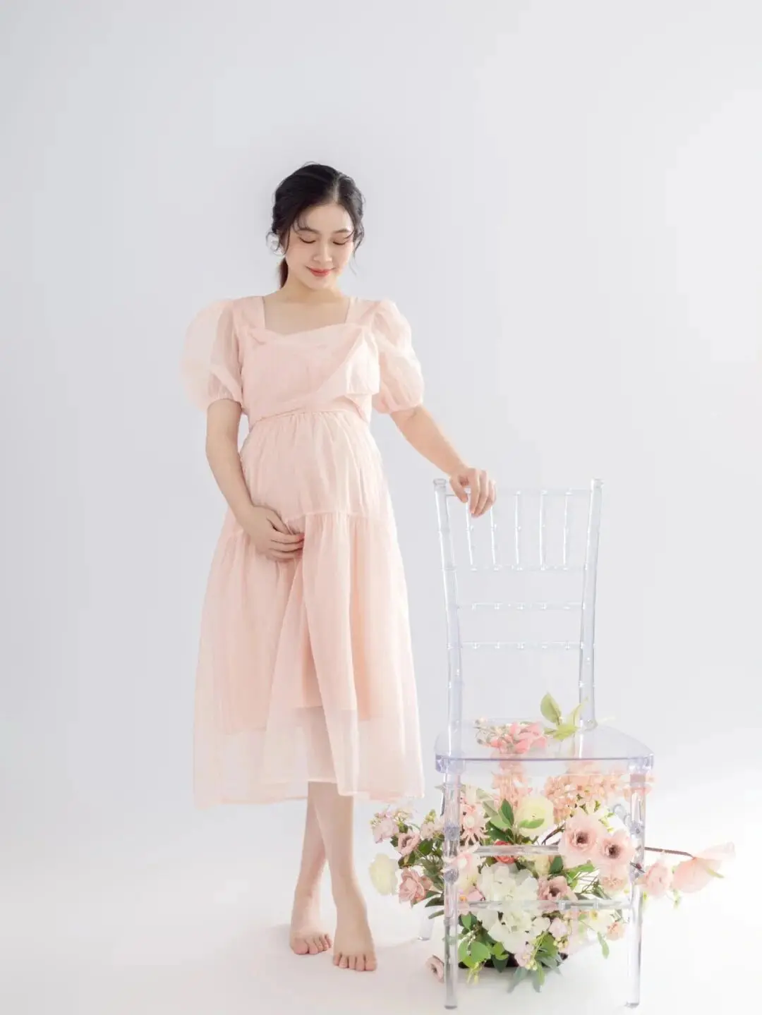 فستان وردي قصير الأكمام فساتين صور الأمومة فستان الحمل لالتقاط الصور فستان شبكي طويل