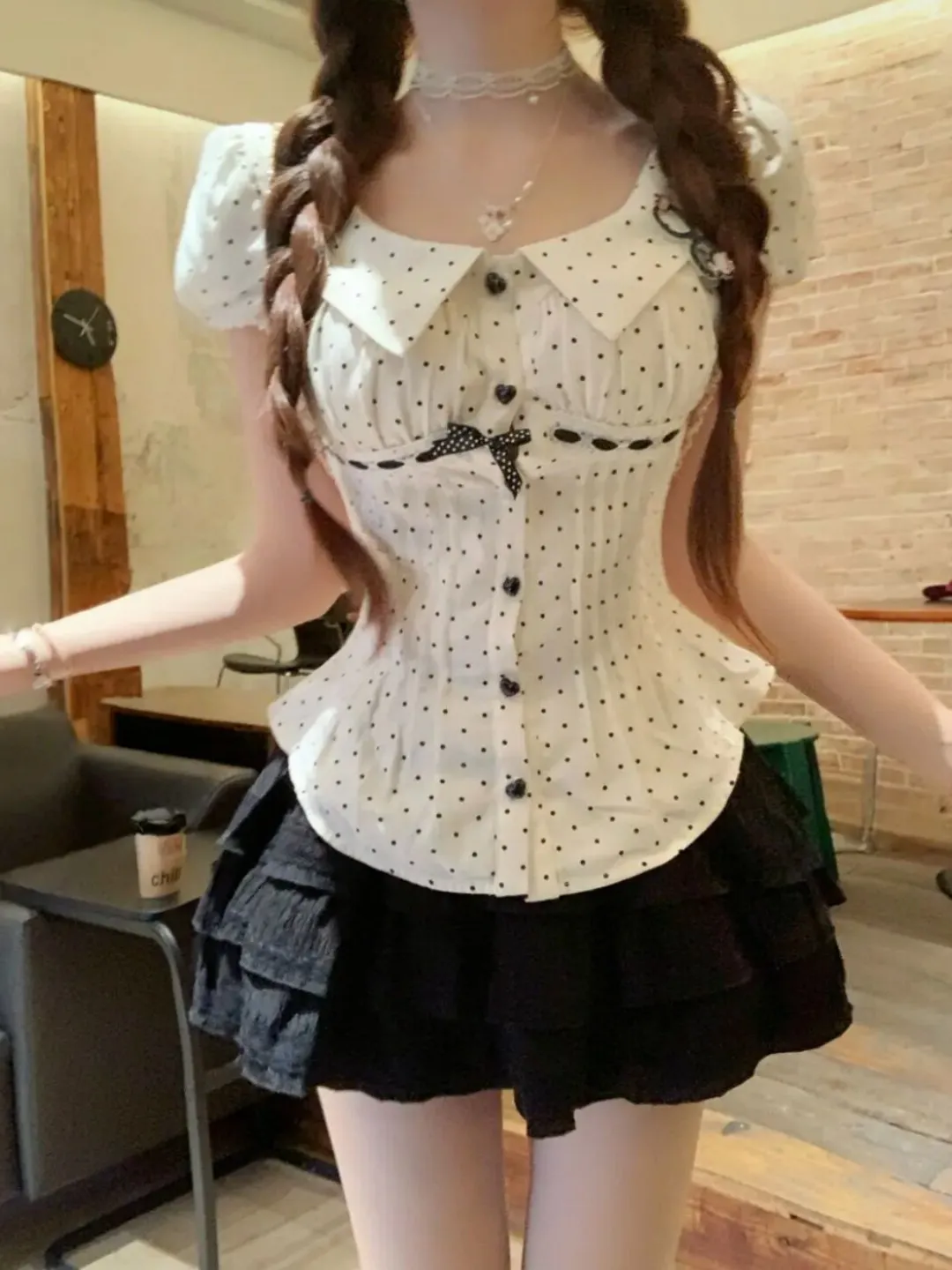 Conjunto de Top y Falda con Diseño Estampado de Puntos, Estilo Colegial Dulce, Manga Abullonada, Cintura Alta, Moda Femenina ...