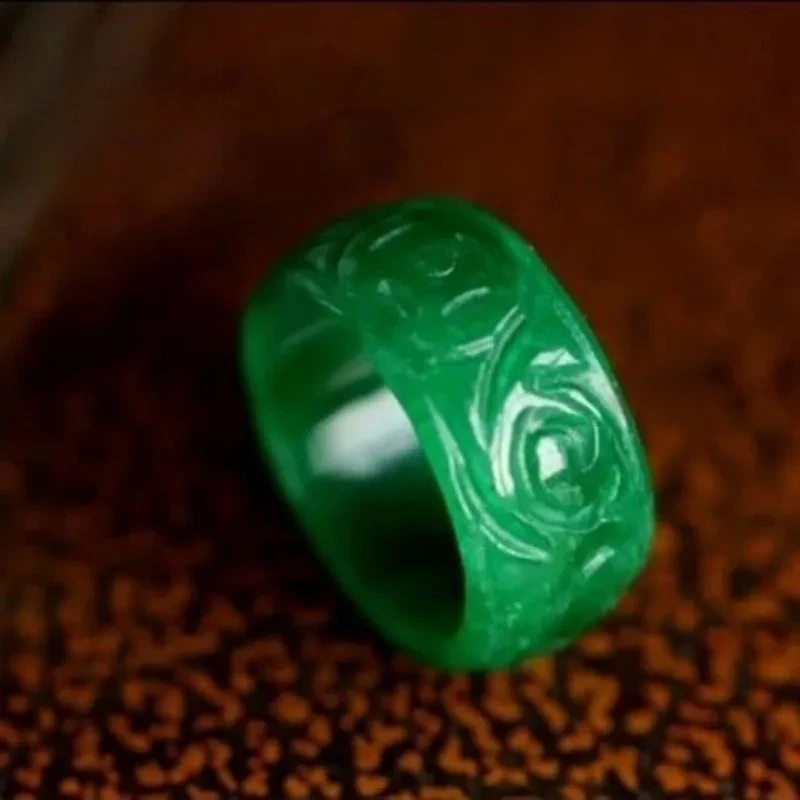 Natural Green Jade Money Carving Ring 18-19mm Fingerstall Jadeite Fashion Charm Jewelry Hand Carved Crafts Luck Gifts Women Men view 3