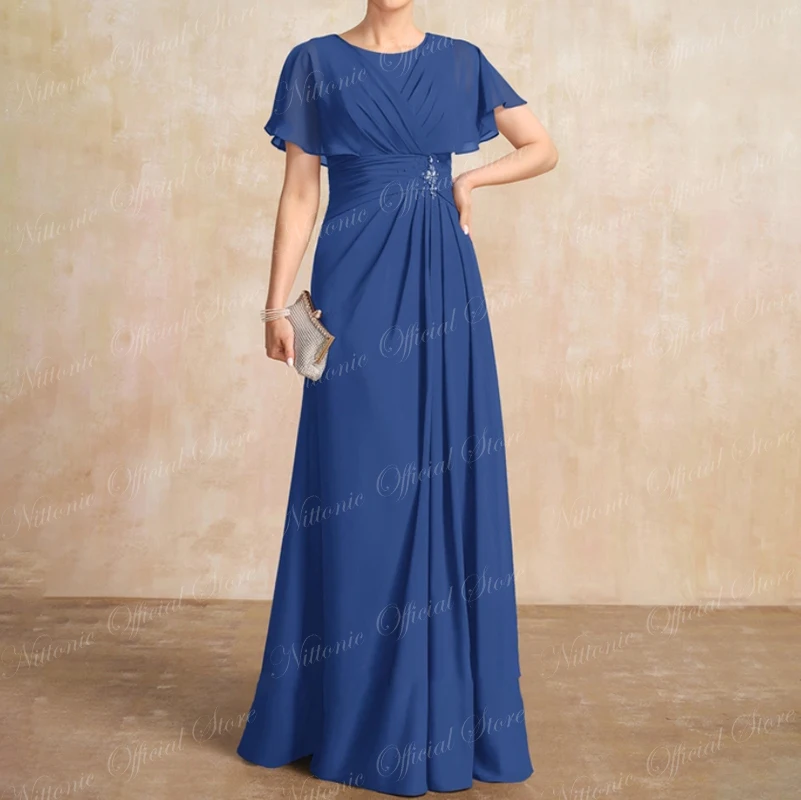 Long Beads Mother of the Bride Dress Chiffon O-Neck Floor-Length A-Line Wedding Guest Party for Women 2023 Formal Evening New