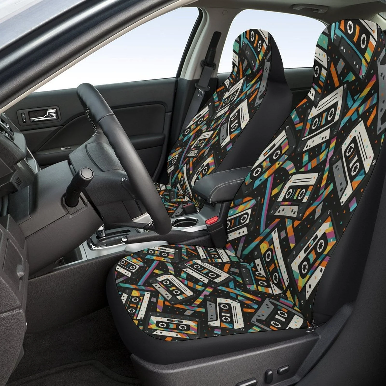 Universal Fit For Most Cars, Cassette Tape Pattern Fashion Novelty Car Seat Cover Set - Full Set Of Front And Rear Seat Protecto
