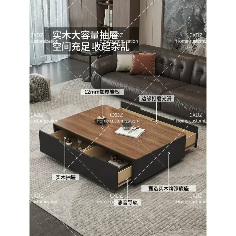 Solid Wood Coffee Table with Rock Slab Top Rectangular Storage Tea Table for Living Room Apartment Cream Simple High End