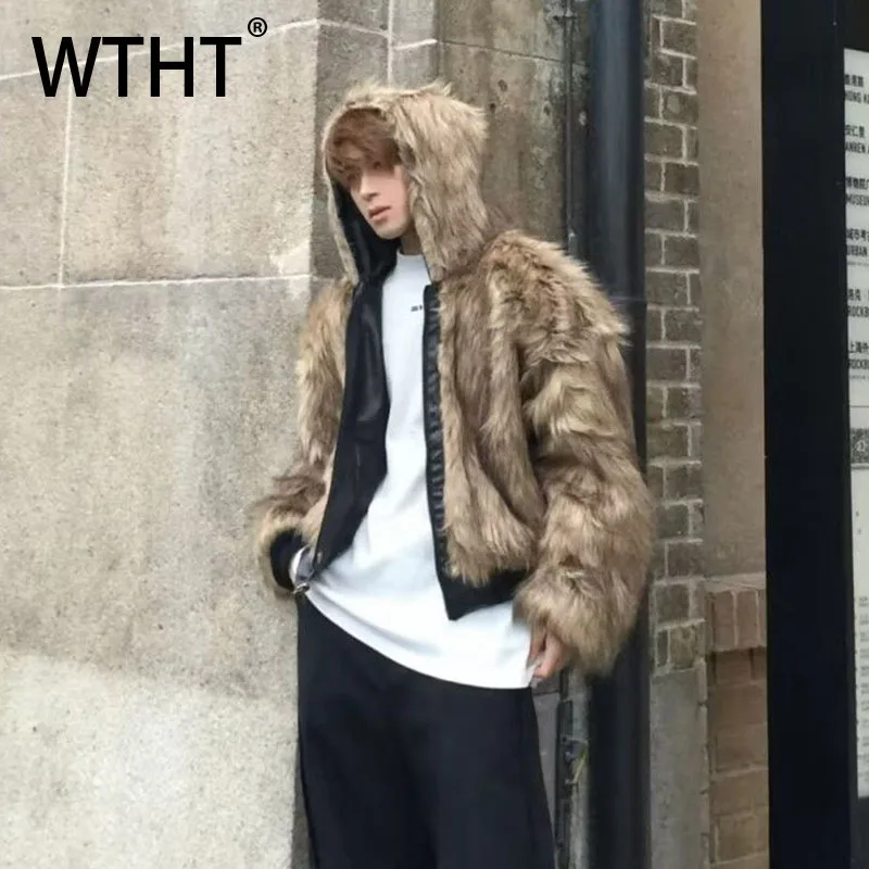 

WTHT Trendy Men's Soid Color Spliced Leather Faux Fur Coats Fashion 2025 Autumn American Style Loose Jackets Male 2A2271