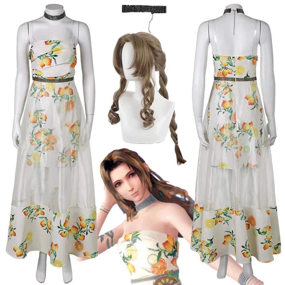 Aerith Citrus Printed Dress Wig Anime Game Final Cosplay Fantasy VII Outfits Roleplay Party Uniform Carnival Role Play Suits