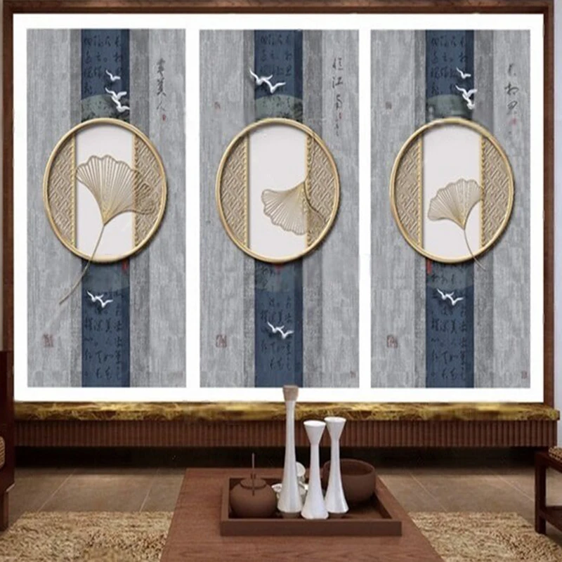 Chinese-style bookish screen-style golden relief iron art flower window ginkgo TV home decoration background wall