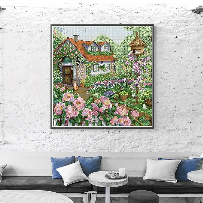 Rose Cottage Counted Stamped Cross Stitch Set DIY Hand Embroidery Aida 14CT 16CT 11CT White Canvas Printed Needlework Sewing Kit