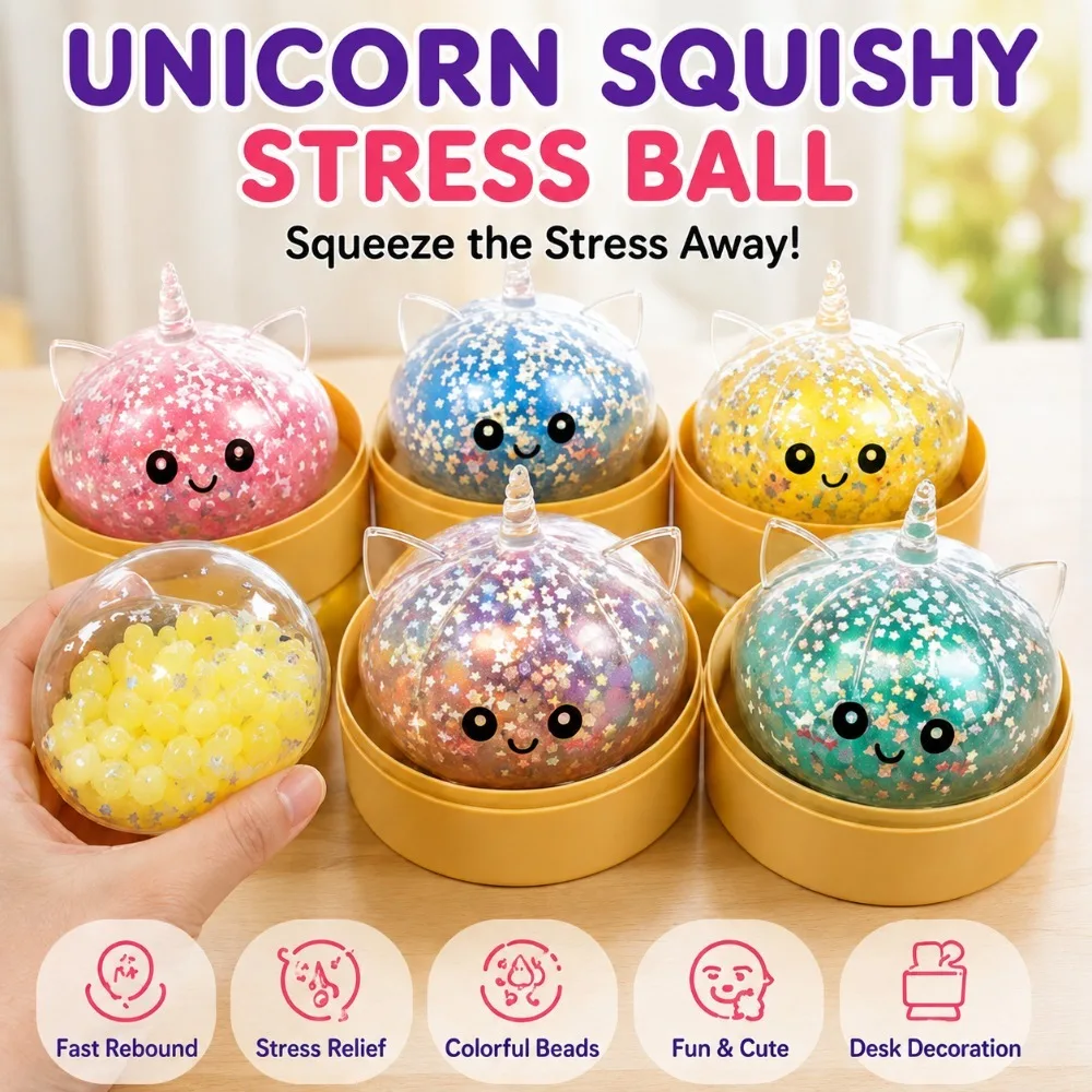 Kawaii Unicorn Dumpling Squishy Toy Fast Rebound Squeeze Fidget Toy, Glitter Stress Relief Ball Desktop Ornament Novelty Gift