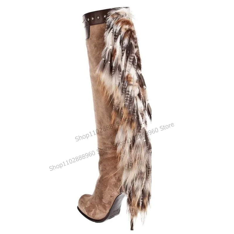 Knee High Mixed Color Flock Feather Rivet Decor Boots Thin High Heel Women Shoes Slip-On Round Toe 2023 Sexy Zapatos Para Mujere