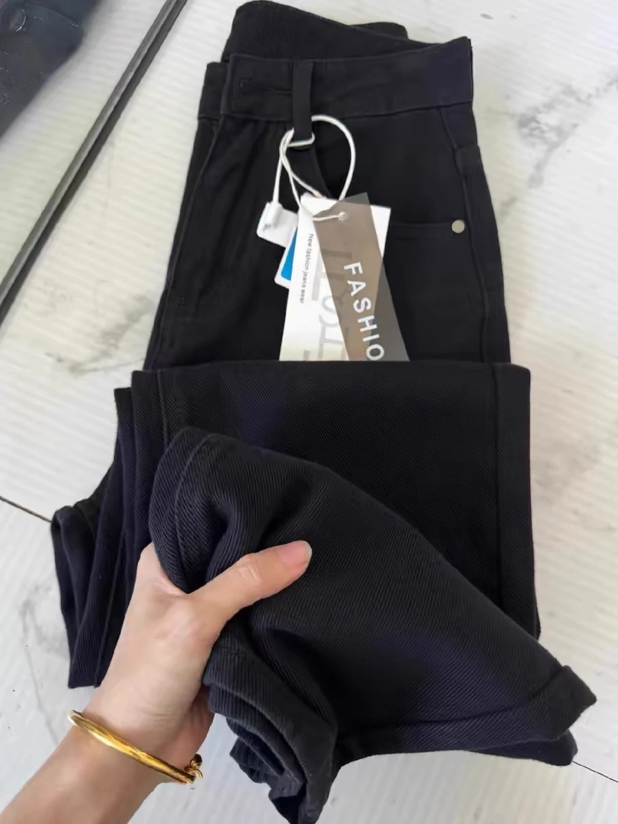 

American Retro Black Denim High Waist Straight Leg Jeans Women's plus Size Wide Hip Thickened Slimming Trousers Casual Cotton