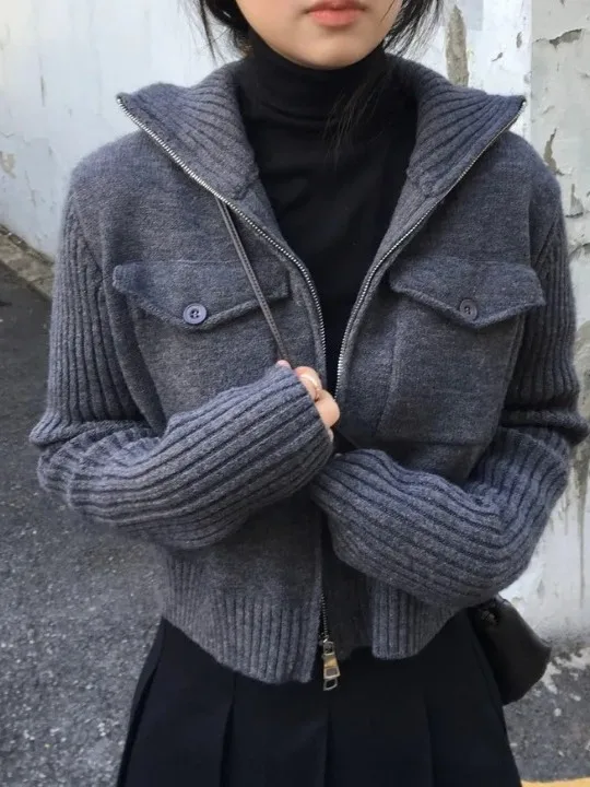 

Korean Sle Lazy Double Zipper Thiened Knitted Sweater Coat Women's Autumn Winter Anti-Aging High Collar ort High-End Fe...