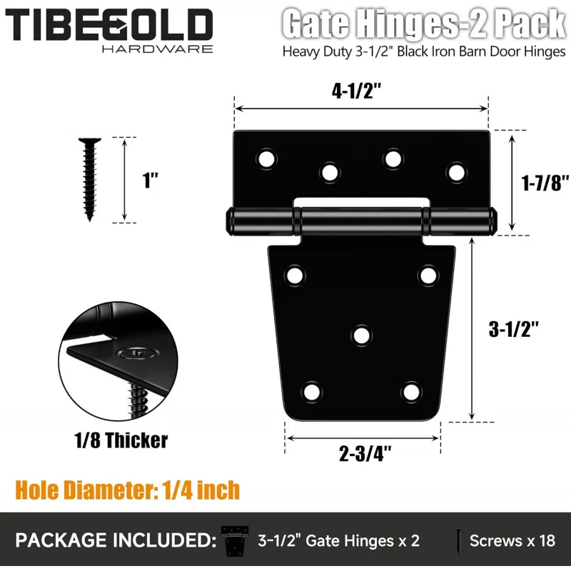 مفصلات بوابة شديدة التحمل مقاس 3-1/2 بوصة، مفصلات أبواب الحظيرة الحديدية السوداء، مفصل حزام البوابة مع براغي طويلة، مفصلات على شكل حرف T، فين خشبي #2
