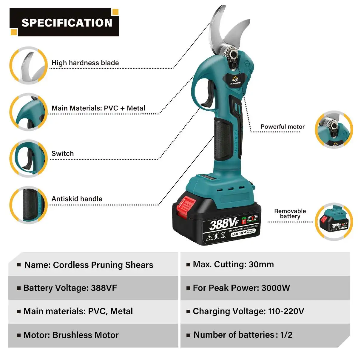 Imagem -02 - Cortador de Poda Elétrico sem Fio Ferramenta Bonsai Branches Cutter Bateria Makita 18v Brushless Fruit Tree Gears 30 mm