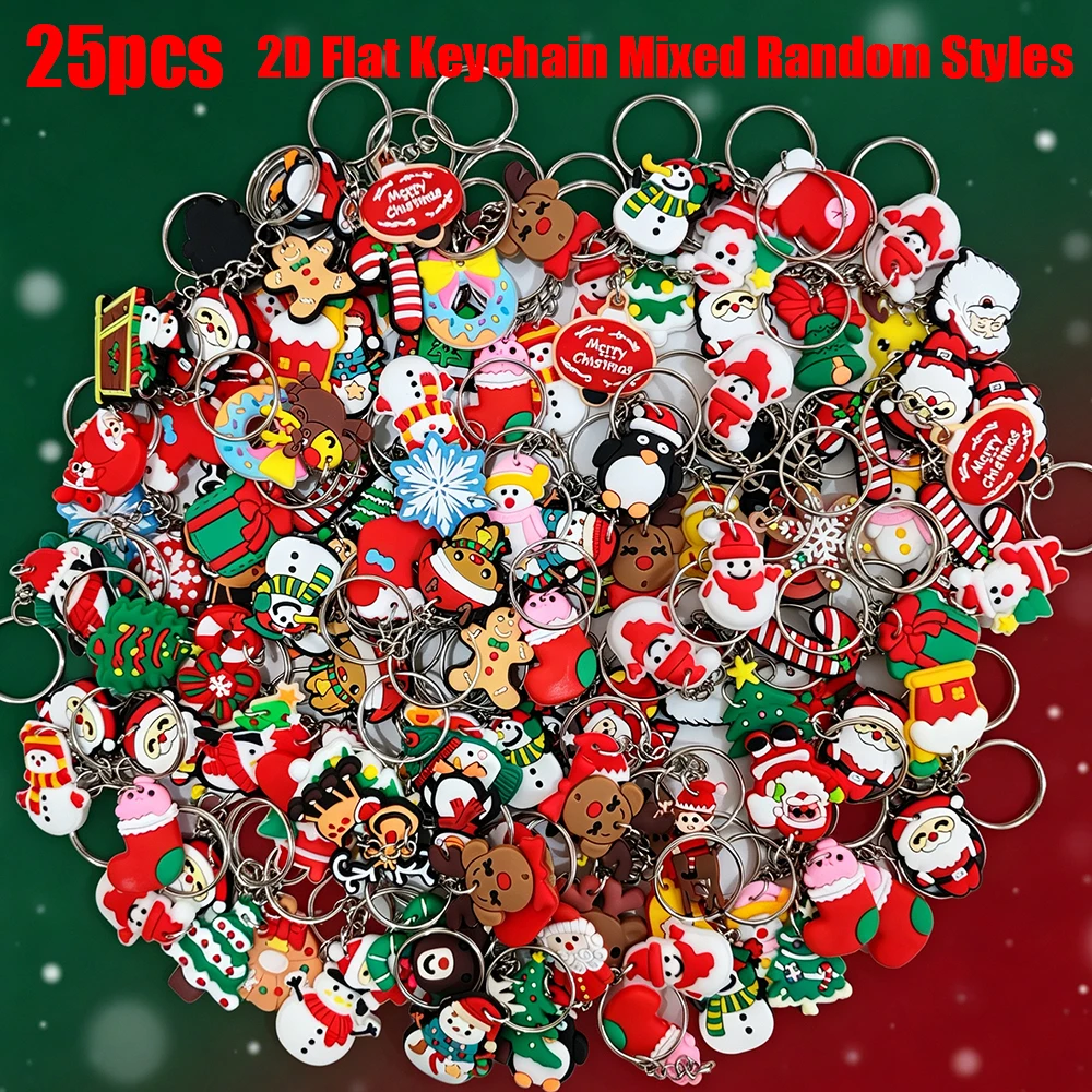 25 Pcs Christmas Keychain Set, 2D Flat PVC Gingerbread Penguin Gift Box Charms, Bag Charm, All Styles Shown Are Included