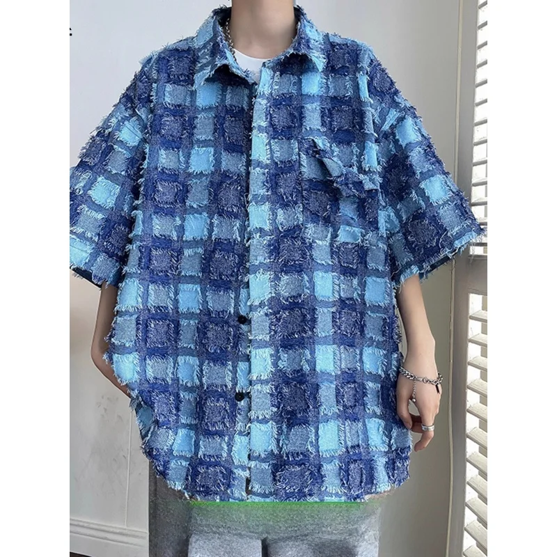 Mr. WH Summer Thin Short Sleeve Shirt Coat Trendy Design Tassel Chess Grid Pattern Youth Fashion Polyester Fiber All Seasons