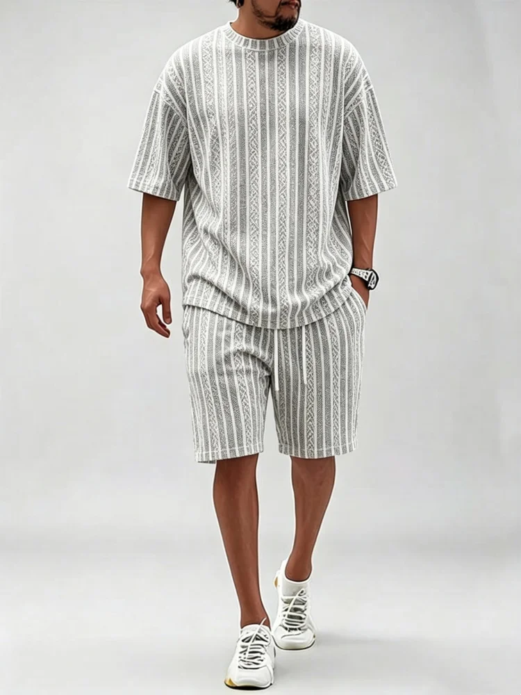 Men Oversized Crew Neck Short Sleeve Tee Drawstring Knee Length Shorts Grey White Jacquard Vertical Stripe Casual Two Piece Set