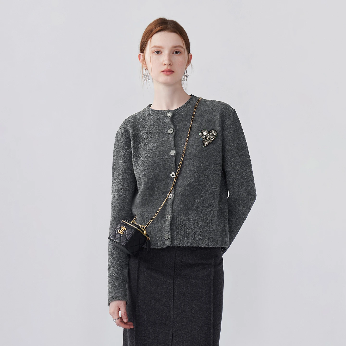 

Женский свитер, шерстяной кашемировый вязаный кардиган с длинным рукавом, сердце, стразы, серый, корейский, элегантный, теплый, осень-зима