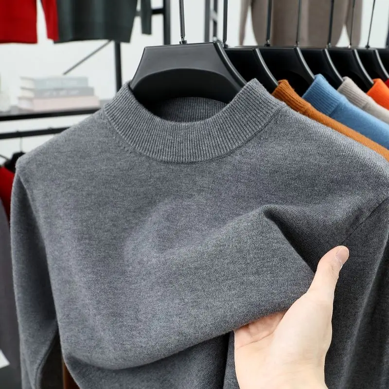 

New Thermal Mid Neck Business Casual Sweater Male Regular Breathable Sweaters Mens Slim Fit Mock Neck Base Layer Soft Pullovers