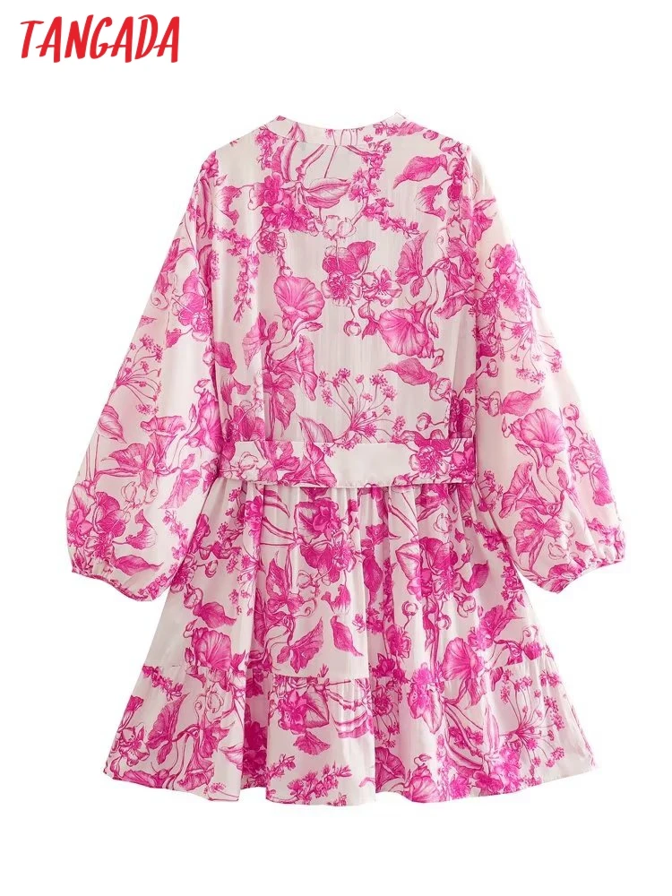 Tangada 2023 Women Pink Print Shirt Dress With Slash Lantern Long Sleeve Ladies Mini Dress 6X126