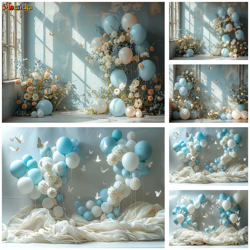 Mocsicka-Arrière-Plan de Photographie d'Anniversaire, Rideaux de Ballons de ixde Mariage, Arrière-Plan Bleu Vintage, Accessoire de Studio de Portrait