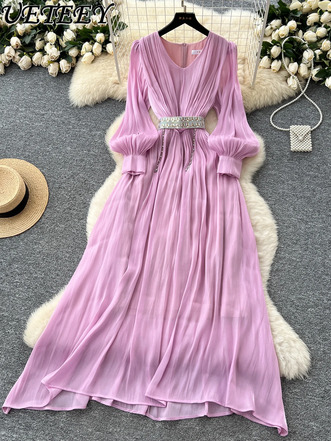 

French High-end Temperament Fashion V-neck Lantern Sleeve Strap Waist Streamer Chiffon Maxi Dress Women's Elegant Long Dresses