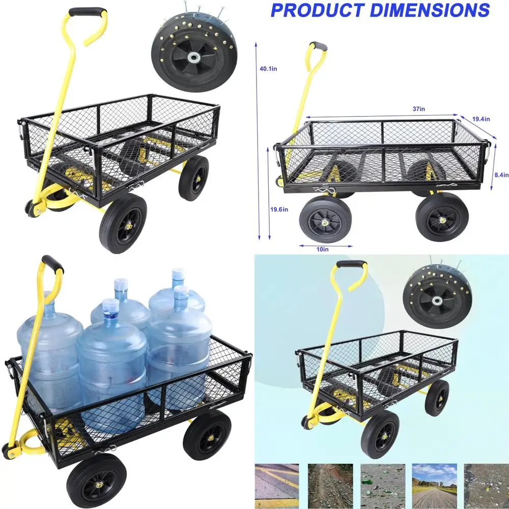 Farm and Garden Utility Wagon - Removable Sides, Heavy-Duty Dump Cart with Yellow and Black Wheels