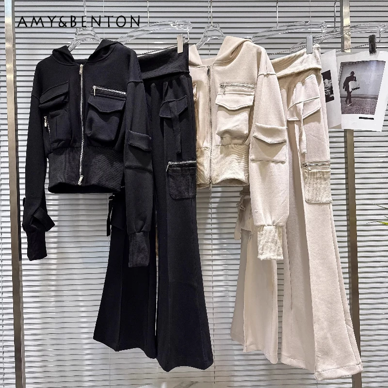 

2026 Spring New Women's Hoodie Jackets Metal Zipper Pockets Original Design Sweet Cool High-Waisted Flared Pants Sets Ladies