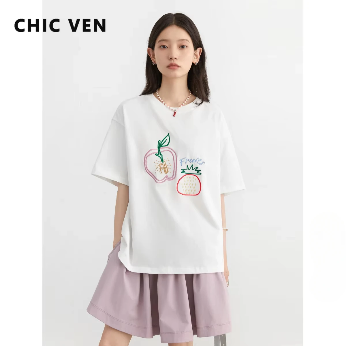 CHIC VEN Women T-Shirts Korean Version Loose Fruit Line Embroidered Short Sleeved Tees Female Cotton Top Summer 2024