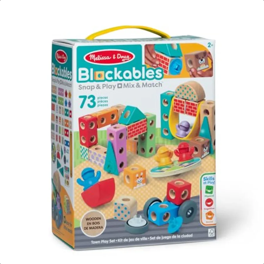 Melissa Doug Blockables Town Snap and Play Mix and Match Aansluitbare houten bouwstenen Speelset Speelgoed voor kleuters en