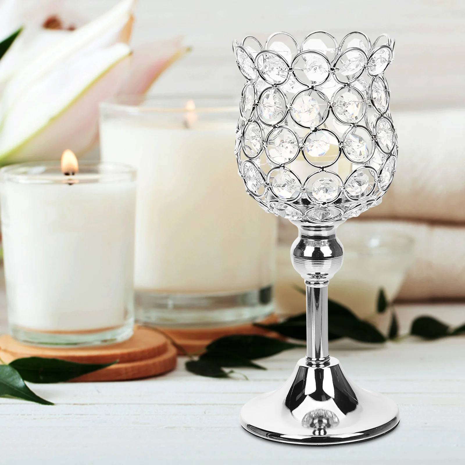 

22Cm Crystal Holder European Style Octagonal Beaded Flameless Tealight Base Desktop Decor For Wedding Party Centerpiece