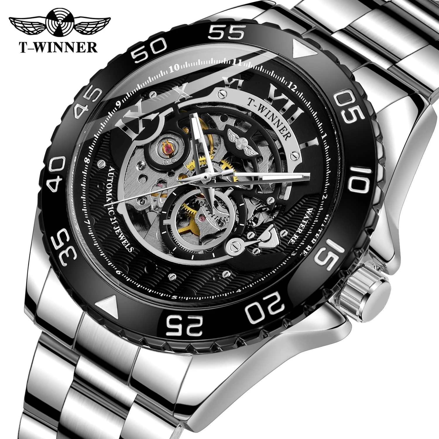 T-WINNER Fashion Military Man Watch Skeleton Automatic Mechanical Luminous Waterproof Stainless Steel Luxury Sports Wristwatches