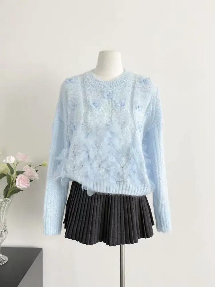 Doux Anti-âge 3D fleur perlée noeud pull femmes printemps automne ample minceur doux haut tricoté