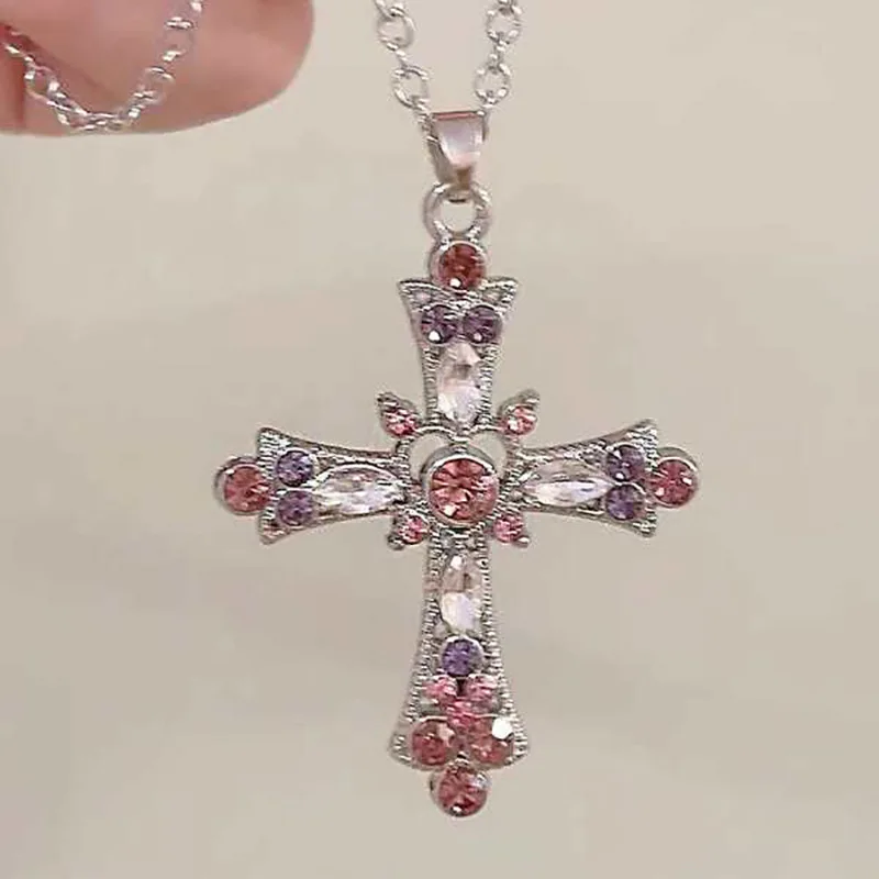 Y2K Punk Crystal Cross Pendant Necklace For Women Men Gothic Clavicle Chain Choker Necklaces Aesthetic Jewelry Bijoux Party Gift