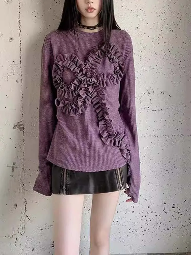

Pleated Butterfly Pattern Knitted Tops Spring Autumn Long Sleeve O Neck Knitwear Pullovers Elegant Casual Stretchy Knitting Tops