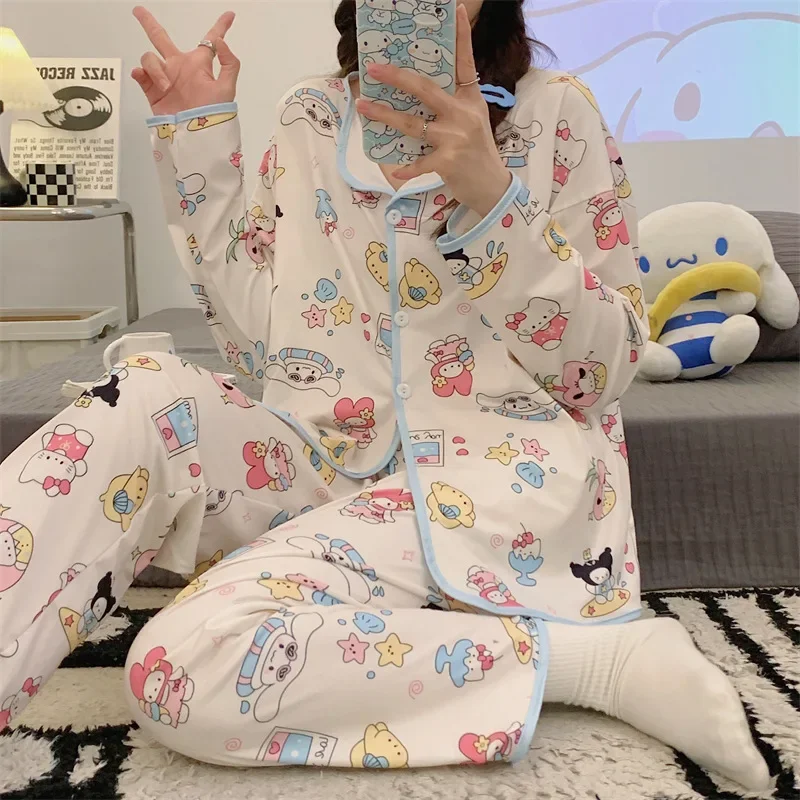 

Hello Kitty Women Cotton Pajamas Set Kawaii Pochacco Homewear Anime Cute Female Thicken Girls Cartoon Nightgown Tops Pants