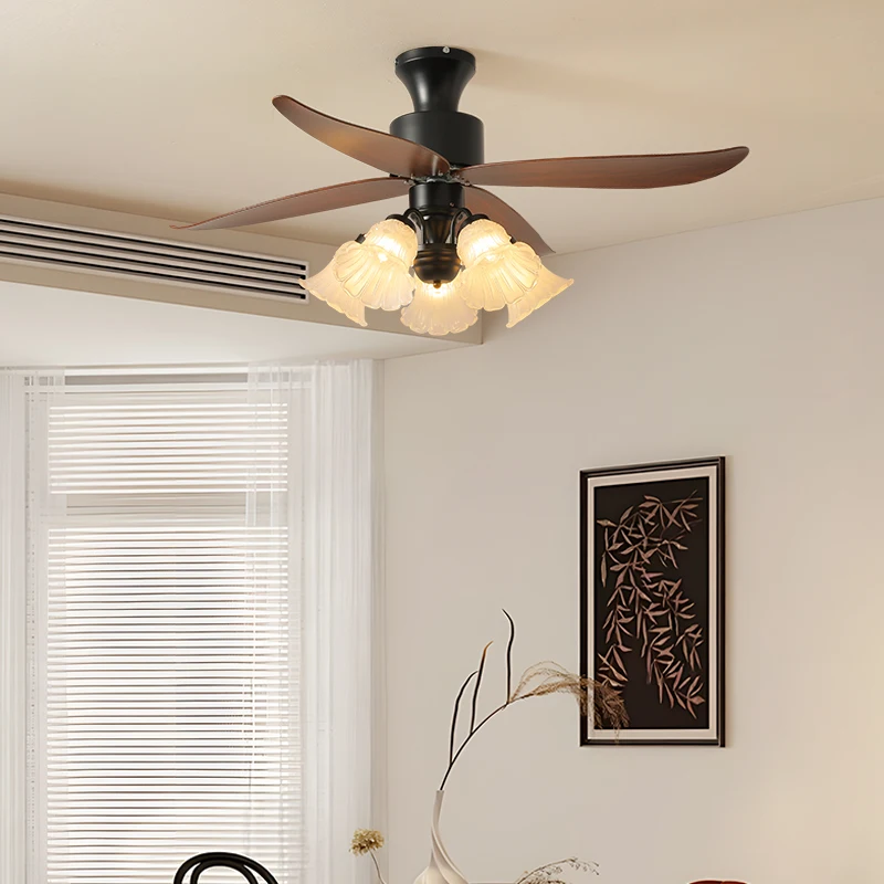 Ceiling Fan Light Living Room Antique Ceiling Fan Light Bedroom Dining Room Integrated French Retro Walnut Silent Fan Light 2025