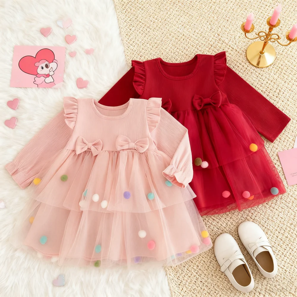 

Girls' Dress Spring/Fall Bow-Tie Tulle Long-Sleeve Baby Girl Dress Adorable Princess Baby Dress Baby Girl Clothes