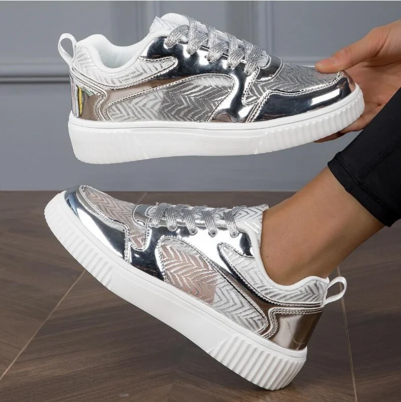 Metal Color Sneakers Casual Vulcanized Sport Shoes Fashion White Shoe for Woman Flats Shoes Summer Breathable shoes Women