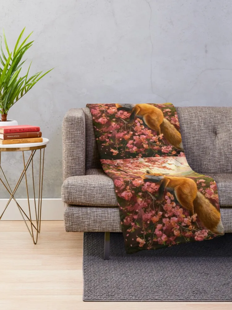 Fox Portrait. Fox with cherry blossom, floral fox, fox painting, Raphael style Throw Blanket funny gift Sofas Blankets